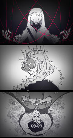An illustration of C!Dream, C!Techno, and C!George with an edgy monochrome colors inspired by Wozwald by Niru Kajitsu